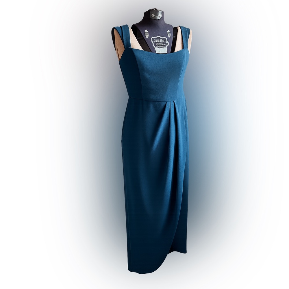 XSCAPE Sapphire Square-Neck Pleated Wrap Maxi Dress – Size 8